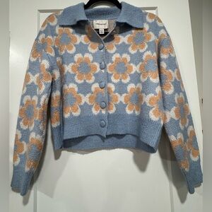 Floral Blue and Tan Cardigan Sweater